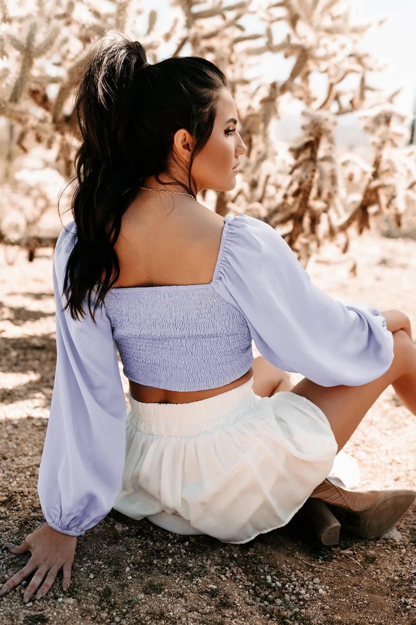 Natural Flirt Long Sleeve Satin Crop Top (Light Blue)