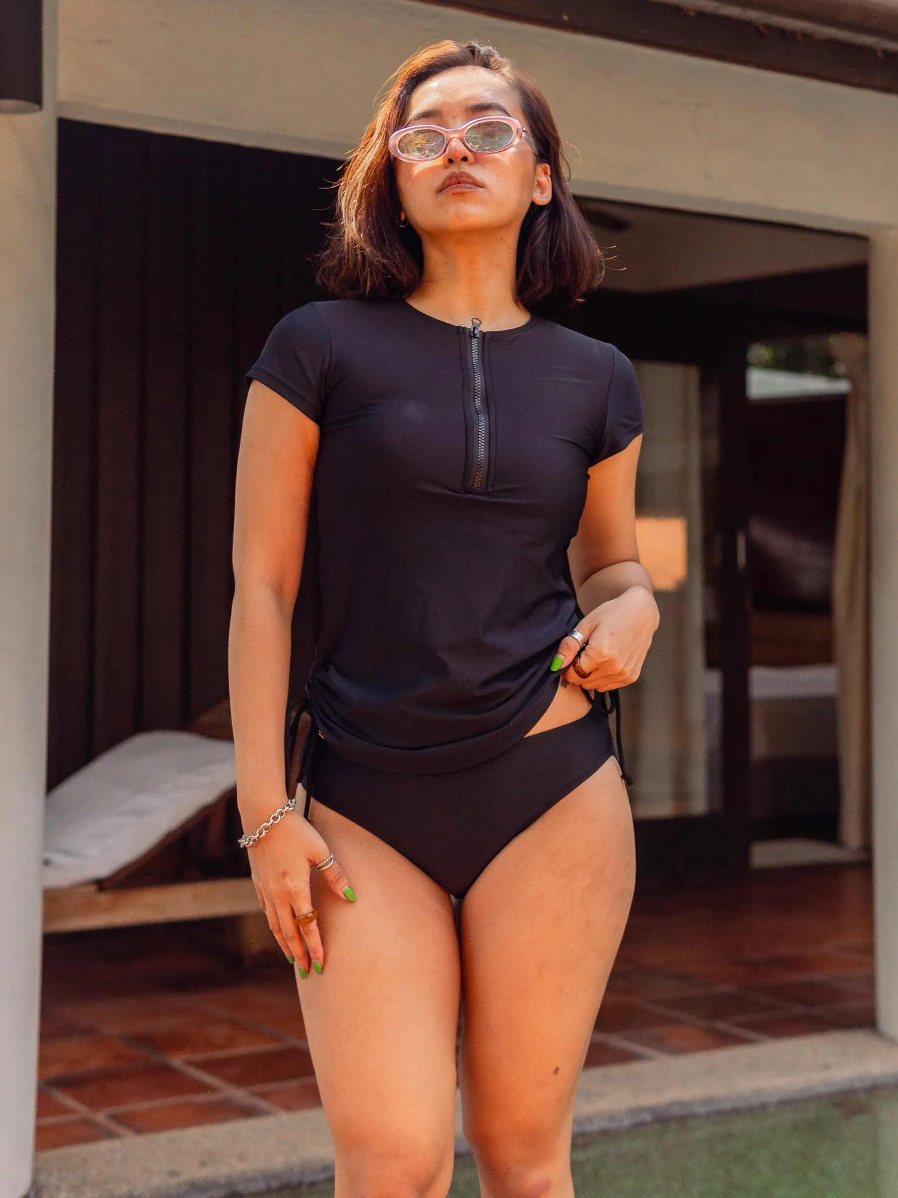 Onyx Two Piece Short Sleeve Ruched Drawstring Tankini Rash Guard in Black