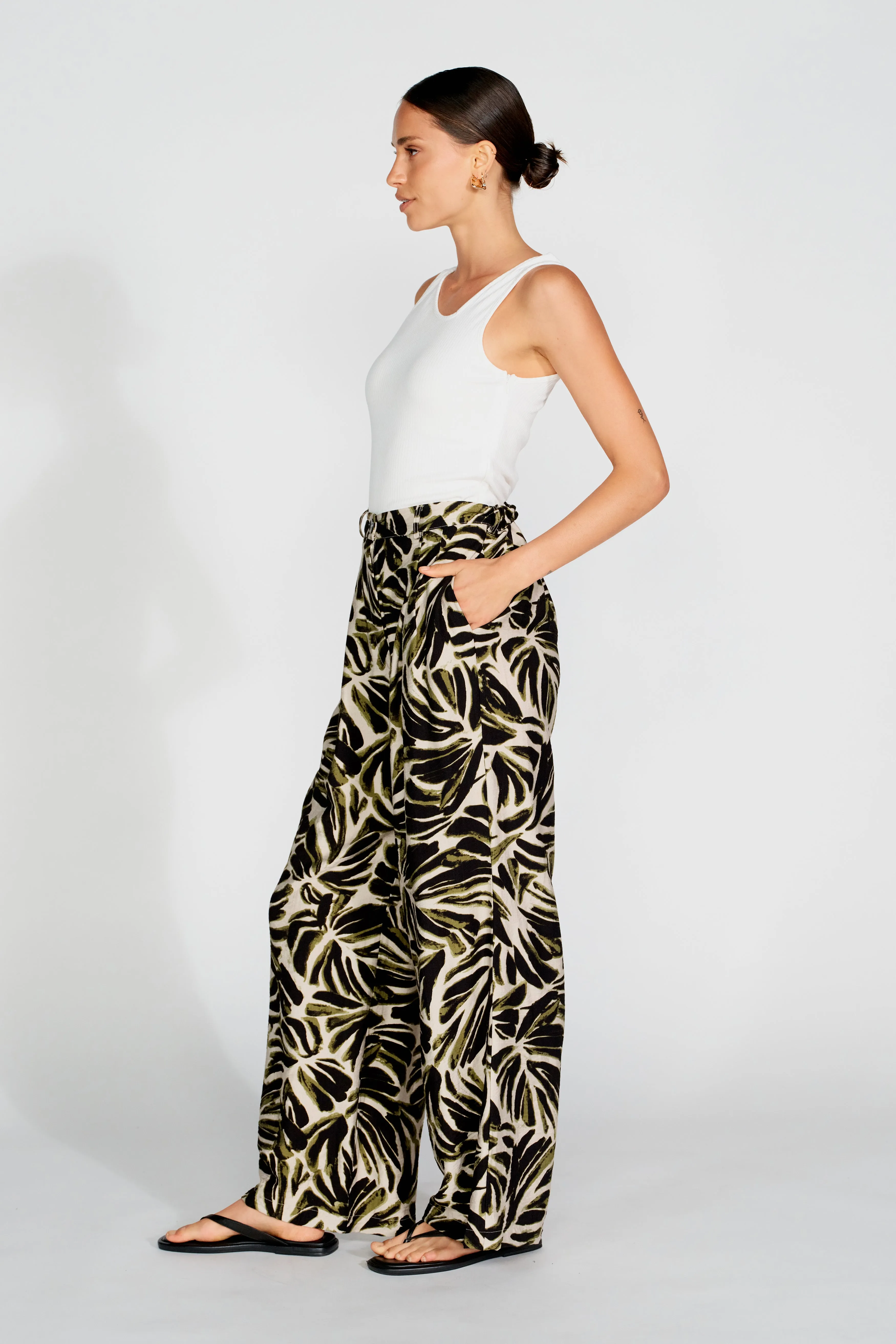 Palma Printed Adjustable Wide Leg Pants - Off-White / Green / Black