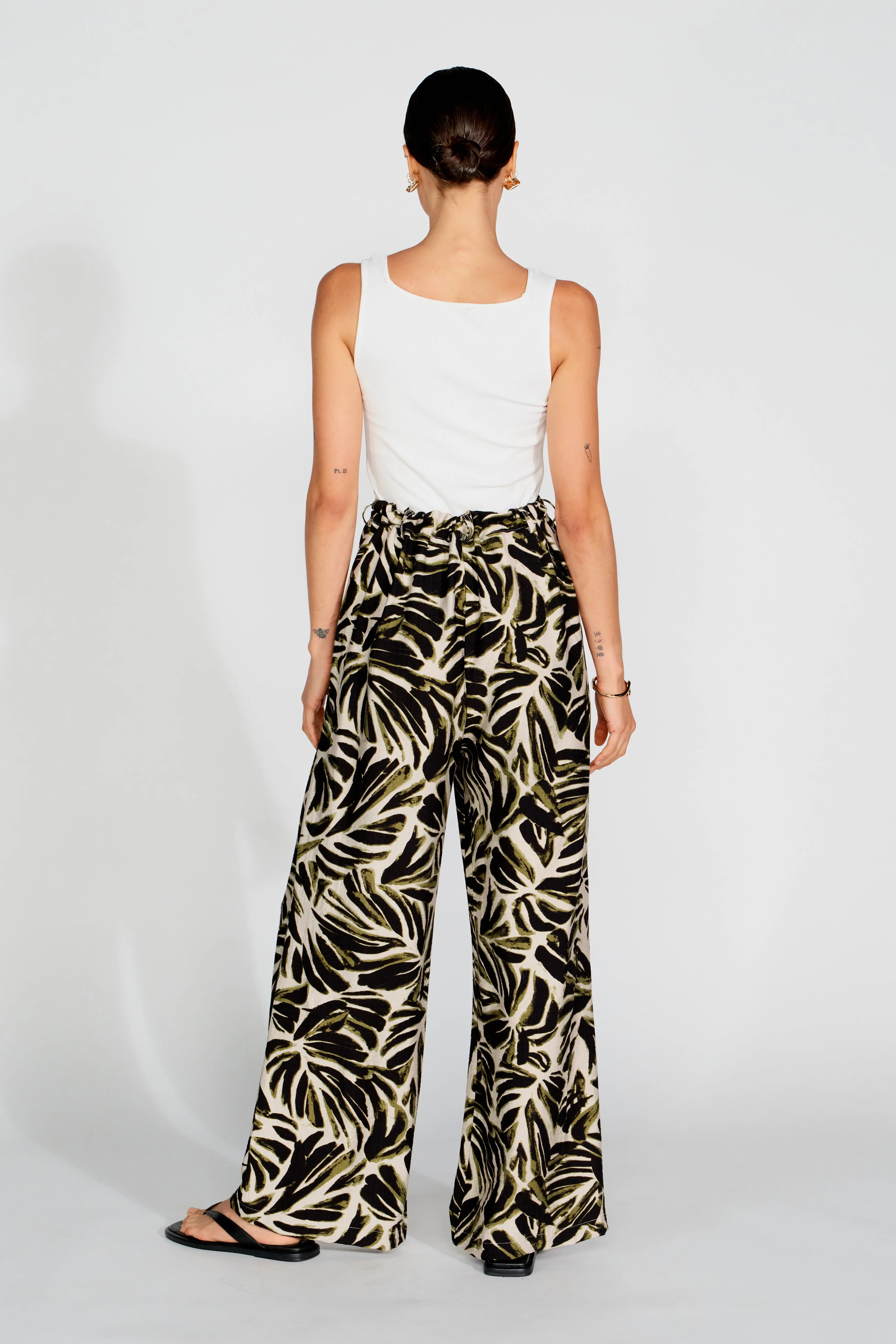 Palma Printed Adjustable Wide Leg Pants - Off-White / Green / Black