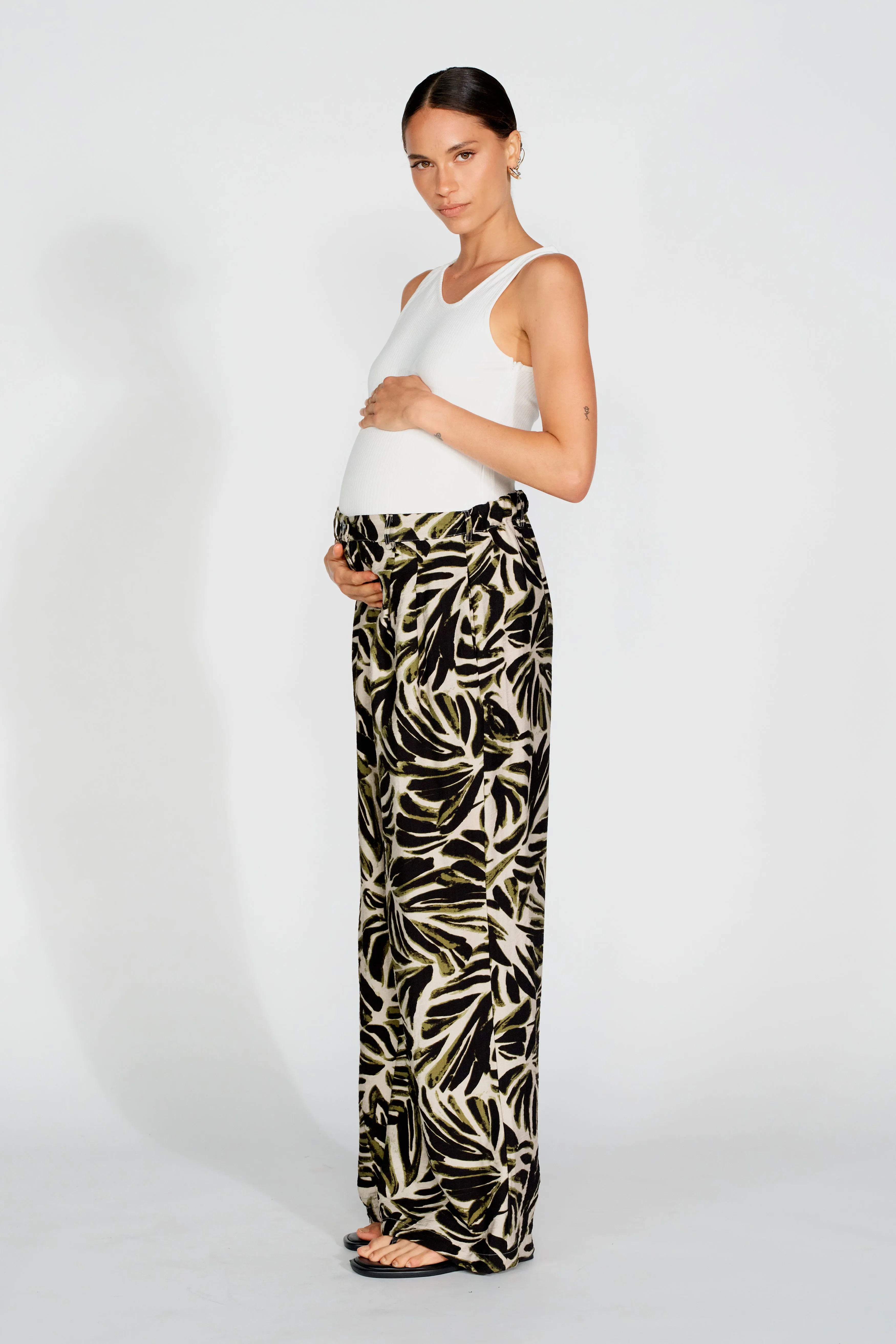Palma Printed Adjustable Wide Leg Pants - Off-White / Green / Black