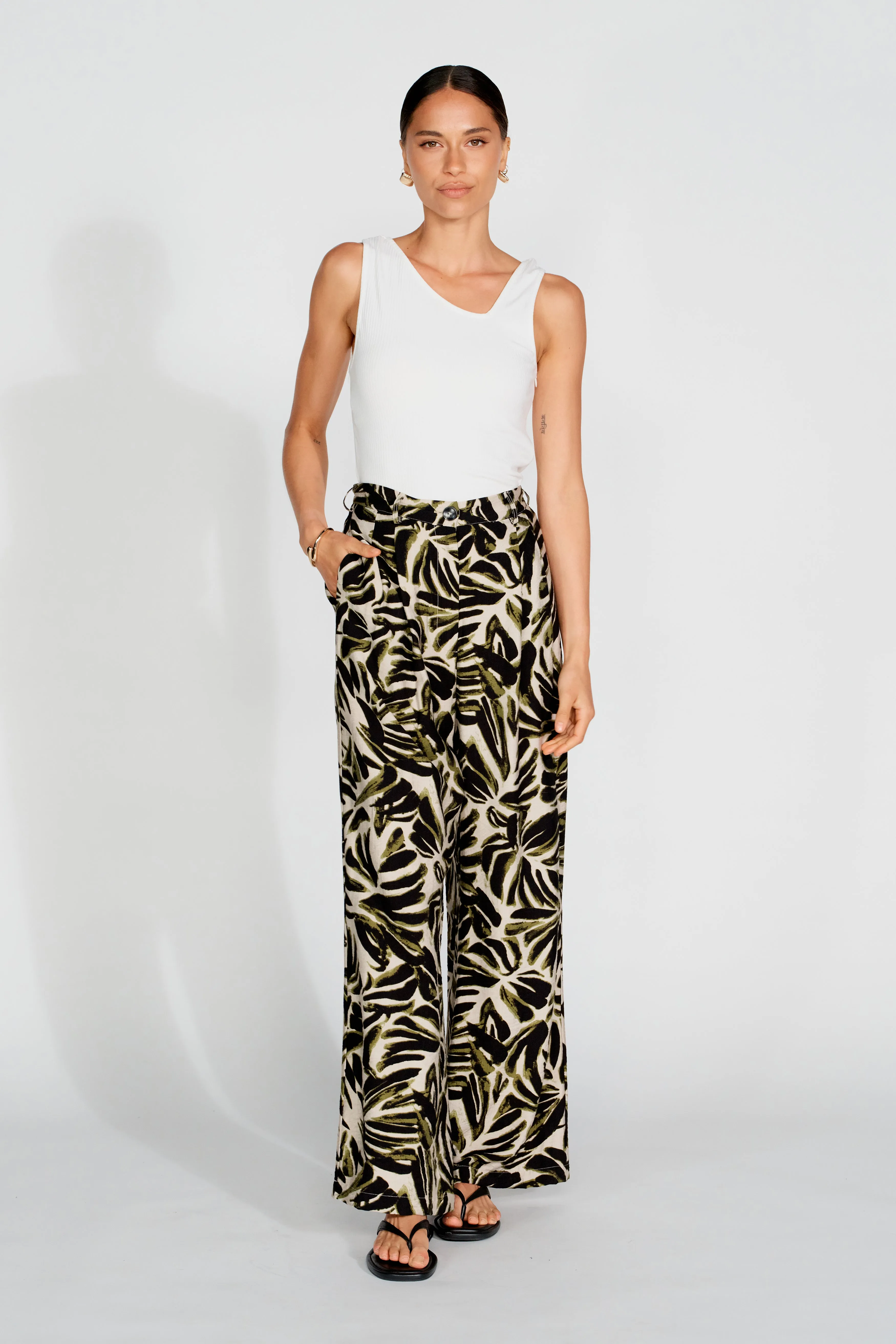 Palma Printed Adjustable Wide Leg Pants - Off-White / Green / Black