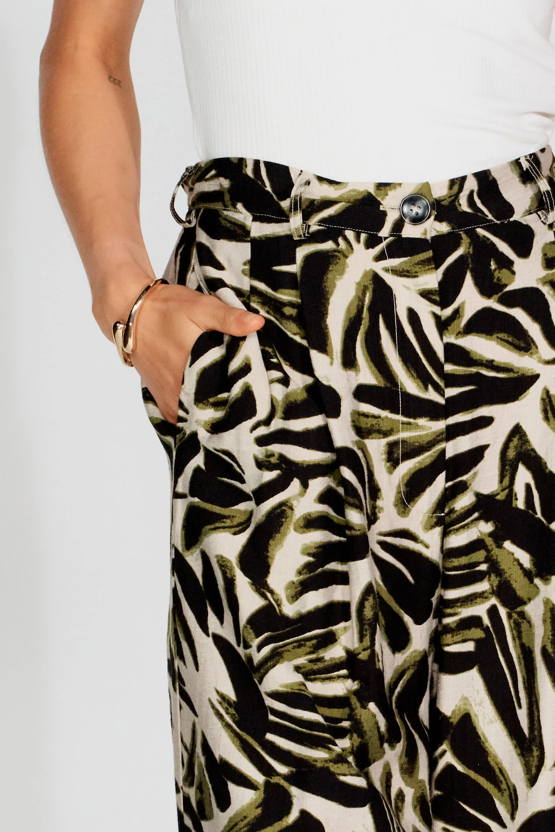 Palma Printed Adjustable Wide Leg Pants - Off-White / Green / Black