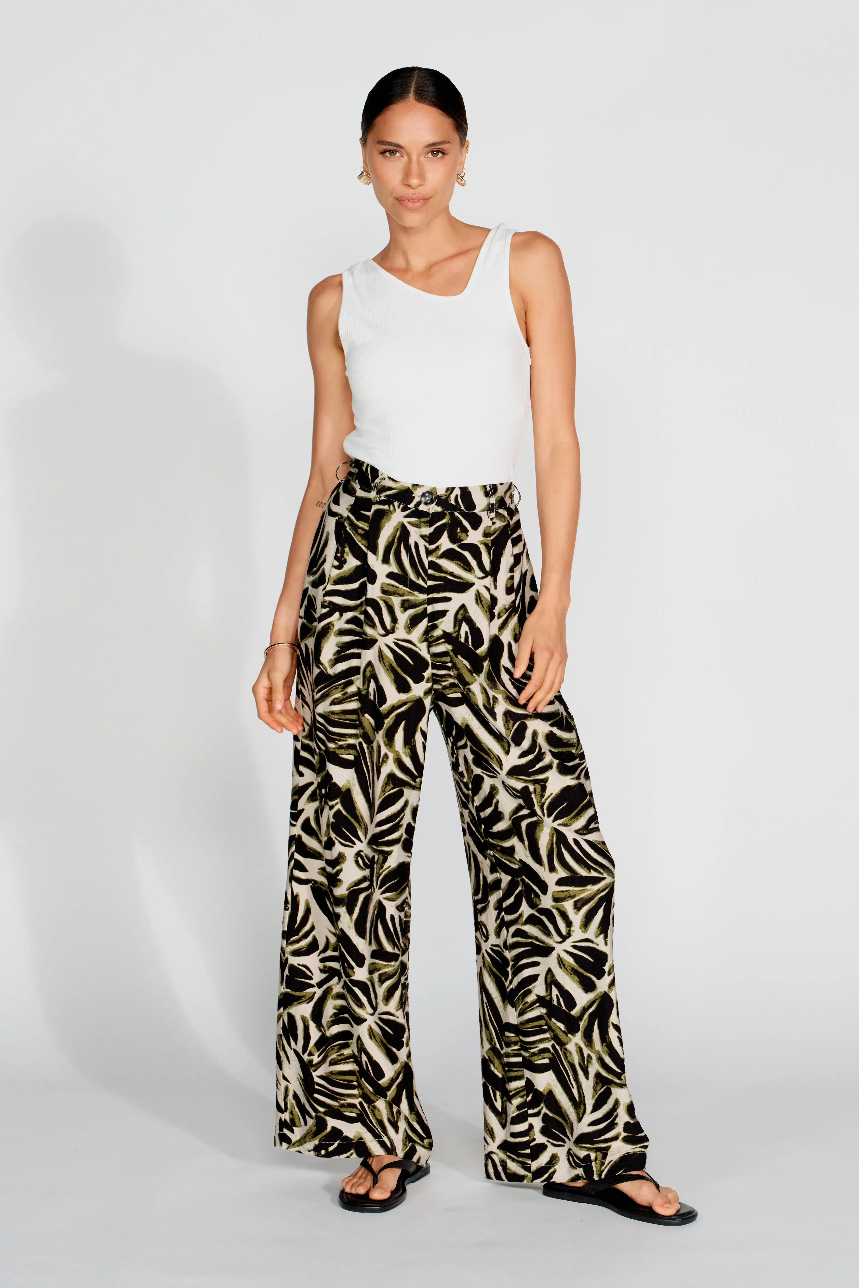 Palma Printed Adjustable Wide Leg Pants - Off-White / Green / Black