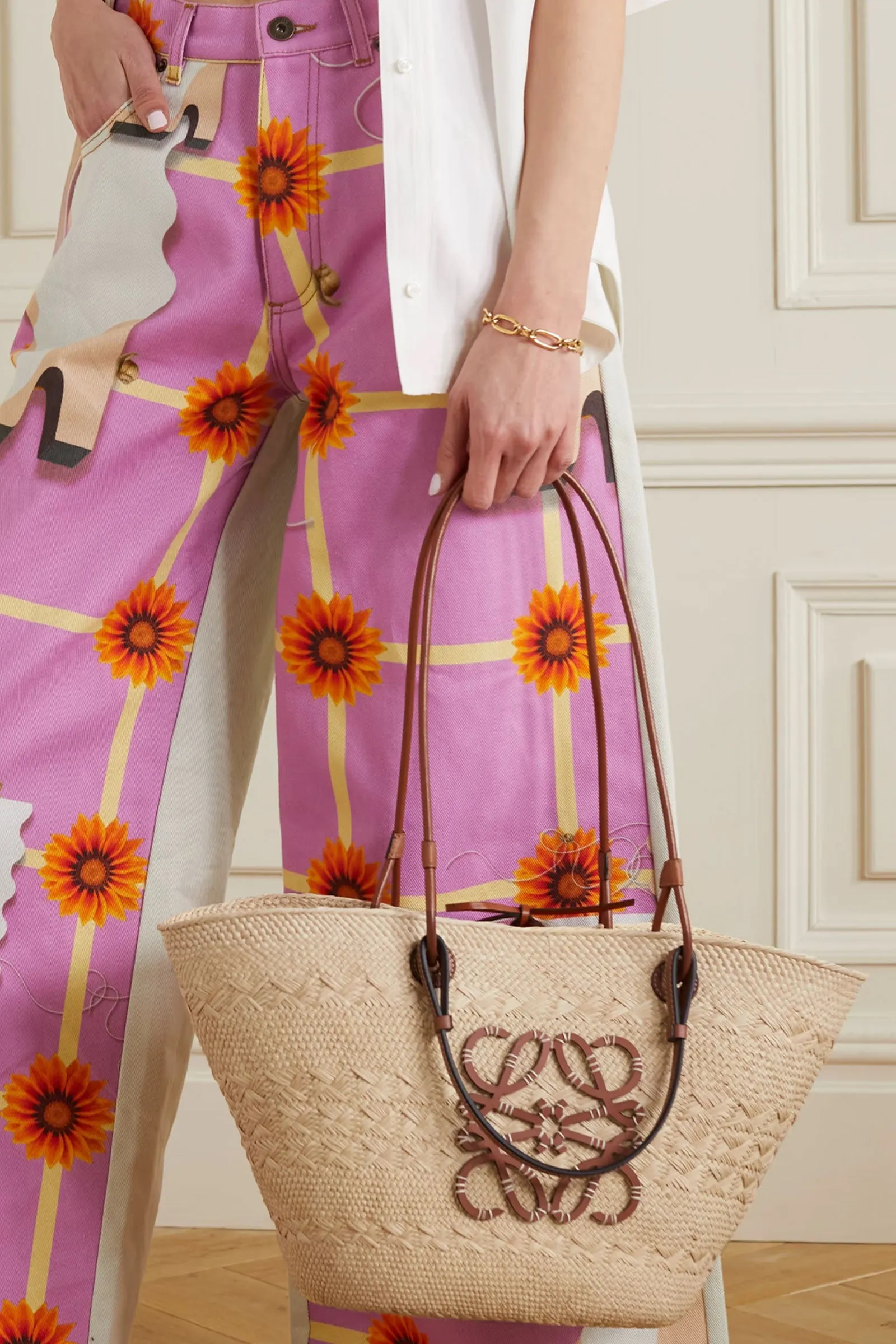   Paula's Ibiza Medium Leather-Trimmed Woven Raffia Tote