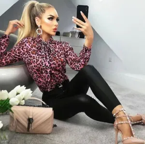 Pink Leopard Print Bow Blouse