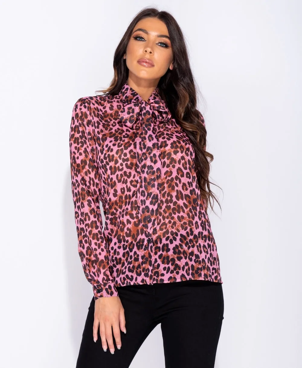 Pink Leopard Print Bow Blouse