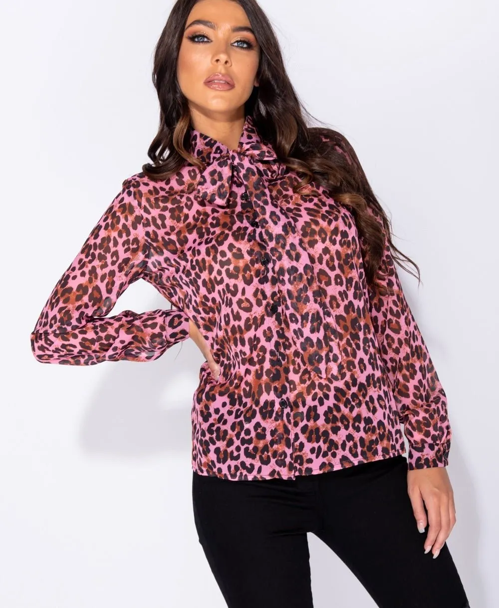 Pink Leopard Print Bow Blouse