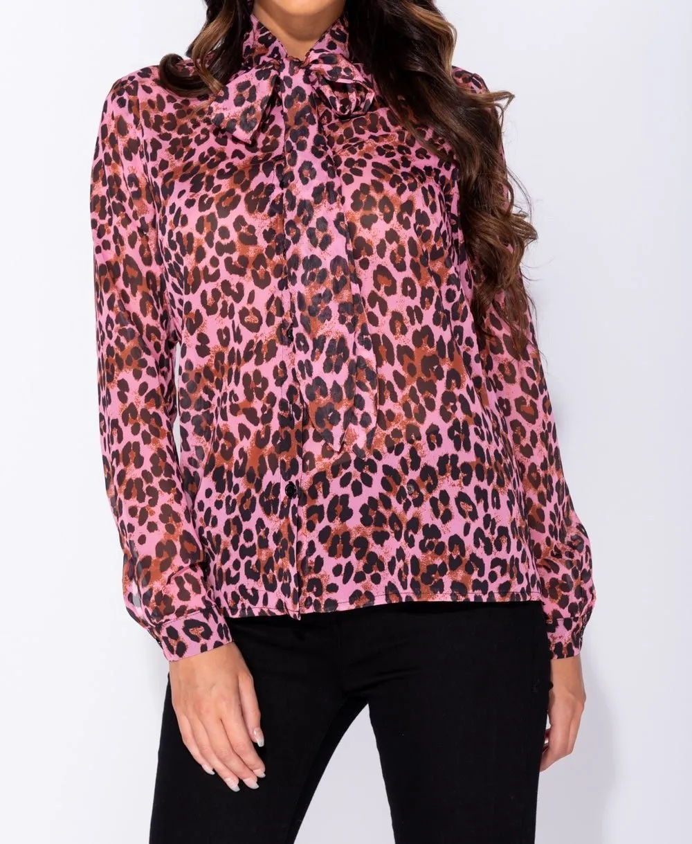 Pink Leopard Print Bow Blouse