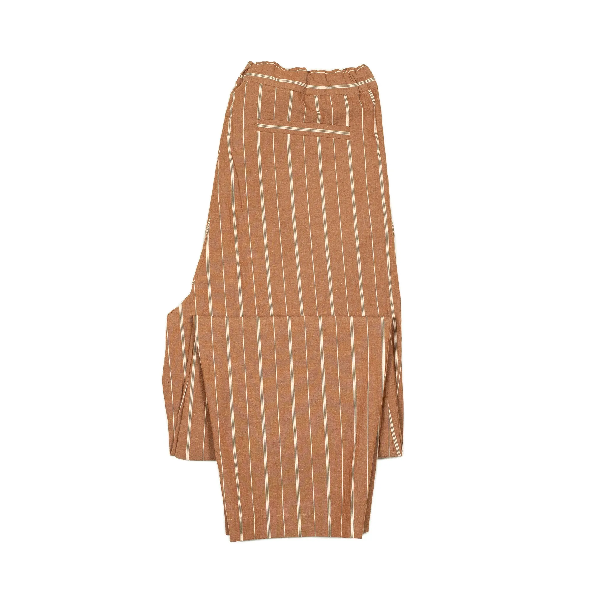 Pleated drawstring trousers in burnt orange and white striped cotton/linen