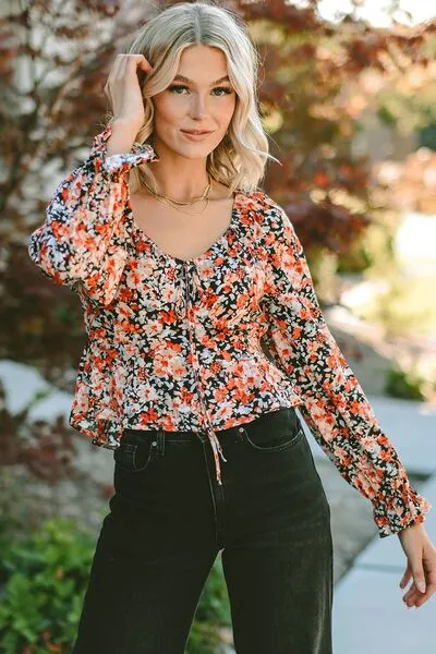 Pre-Order: Floral Tied Flounce Sleeve Peplum Blouse