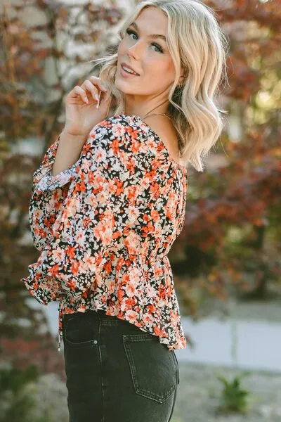 Pre-Order: Floral Tied Flounce Sleeve Peplum Blouse