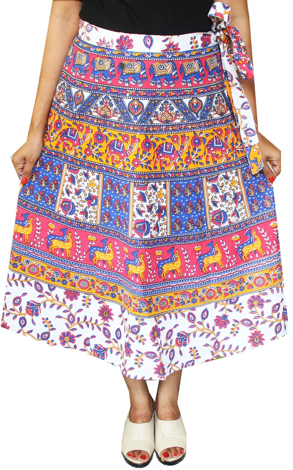 Printed Long Cotton Wrap Skirt from India Women (Blue)