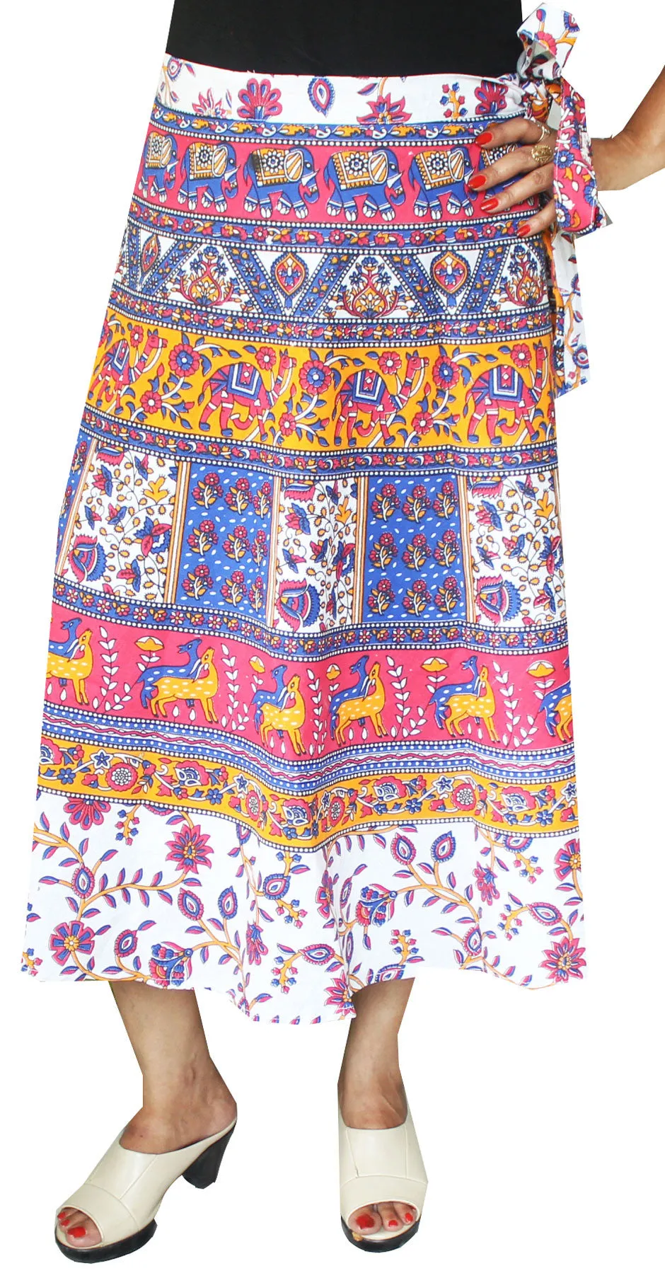 Printed Long Cotton Wrap Skirt from India Women (Blue)
