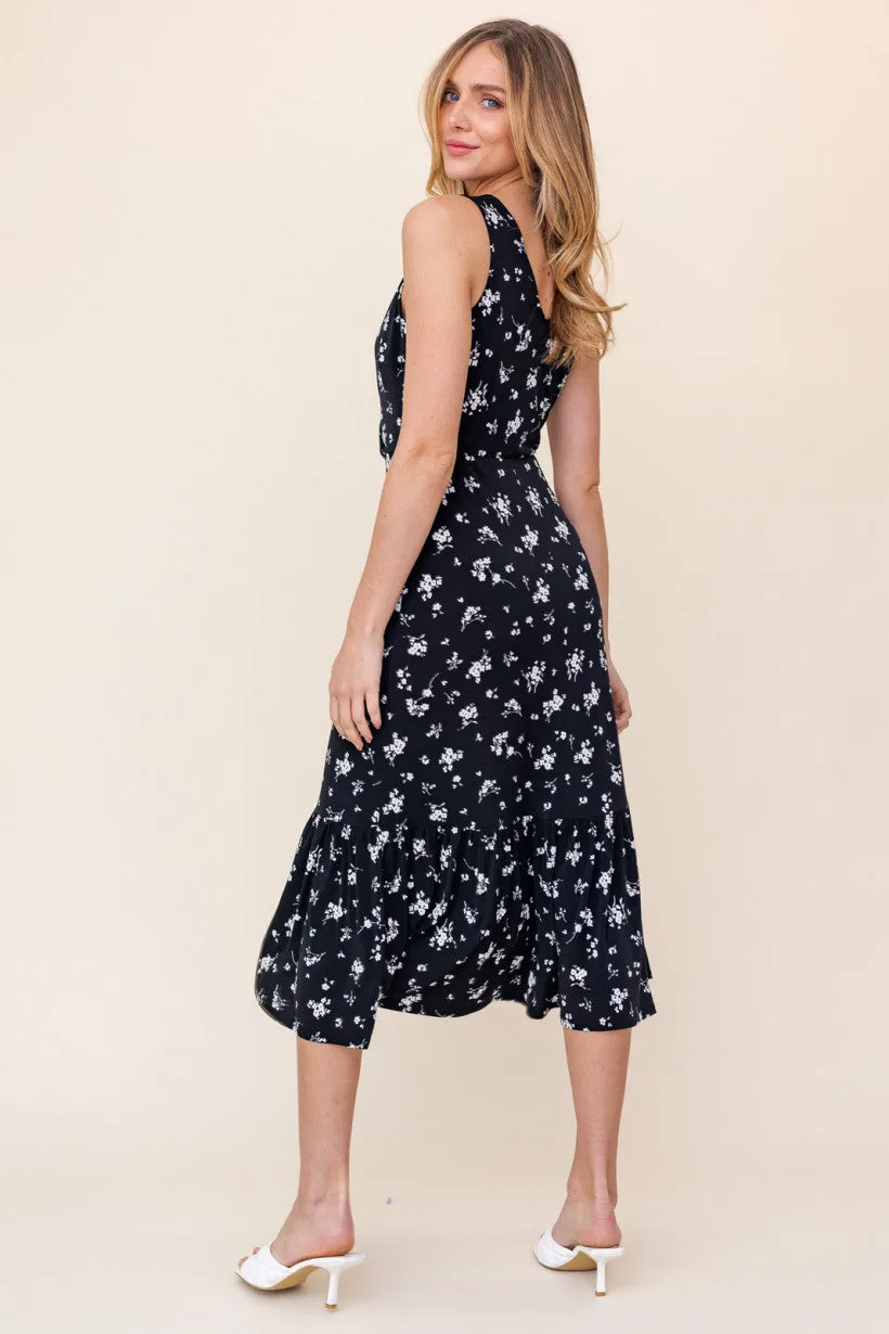 Sleeveless Wrap Midi Dress (Black Floral)