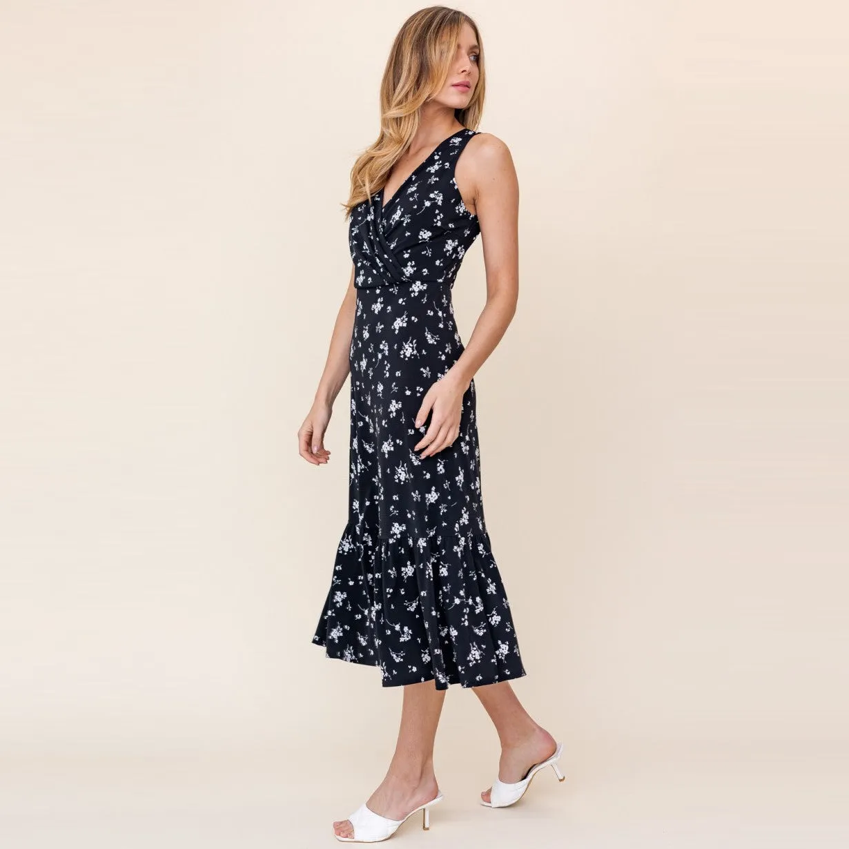 Sleeveless Wrap Midi Dress (Black Floral)
