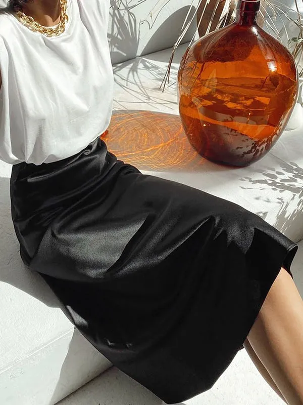 Solid Satin Midi Skirt