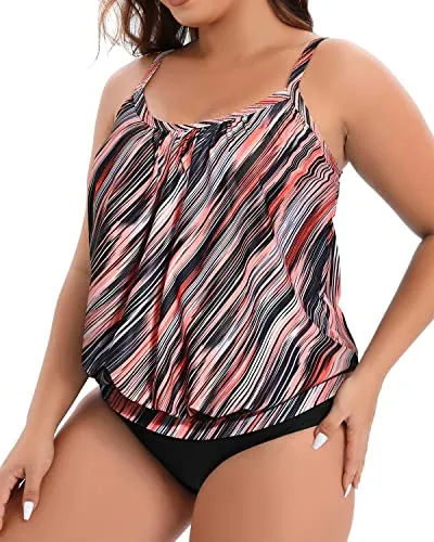 Tankini Swimsuits With Adjustable Straps For Women-Pink Black Stripes