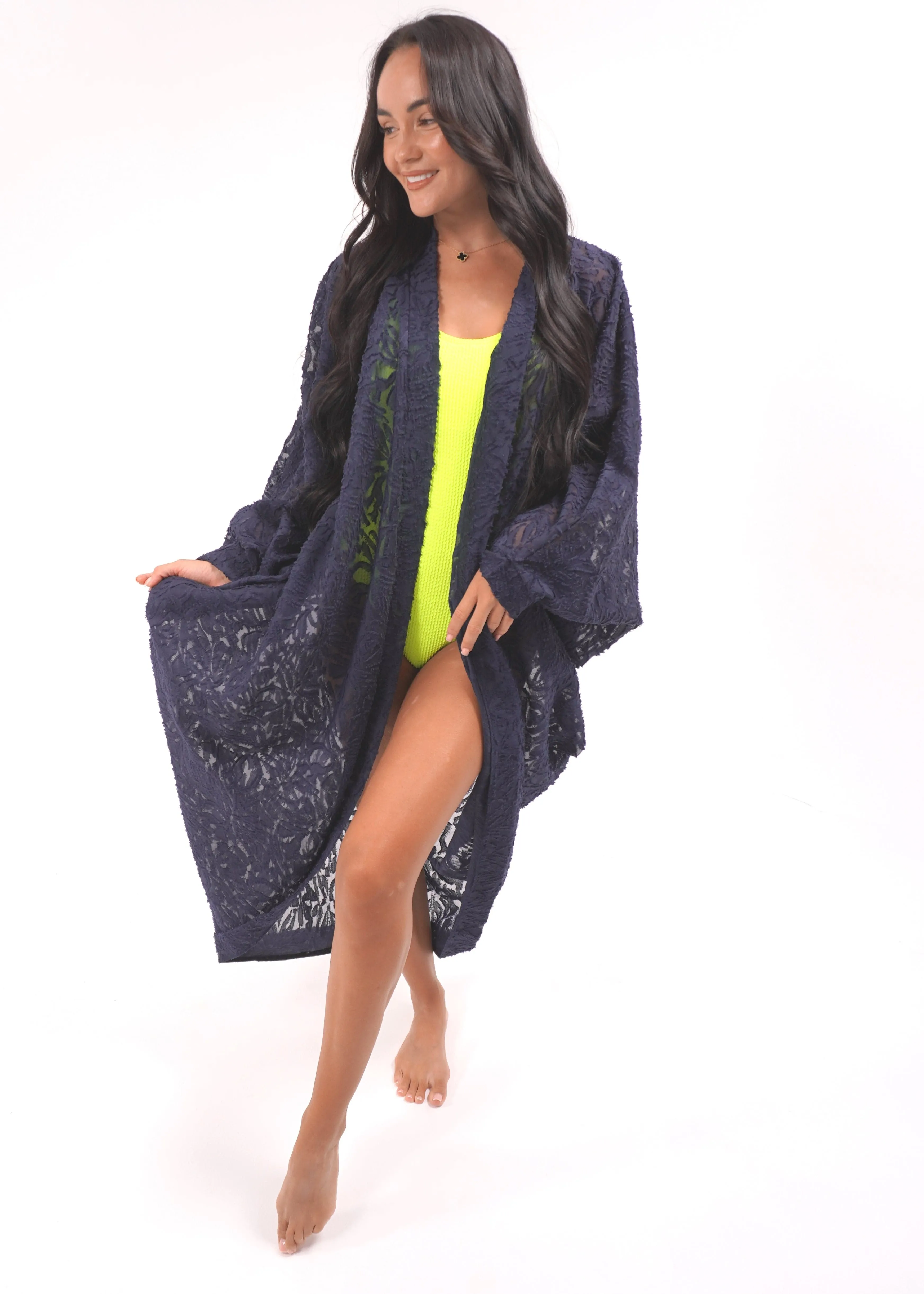 The Palm Kimono - Navy Lace