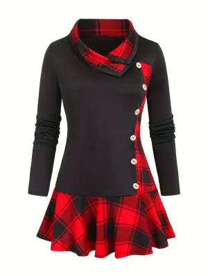 Trendy Plaid Print Tunic Top - Asymmetrical Button-Decorated Design with Color Block - Versatile for Spring & Fall - A Must-Have for Fashion-Savvy Women