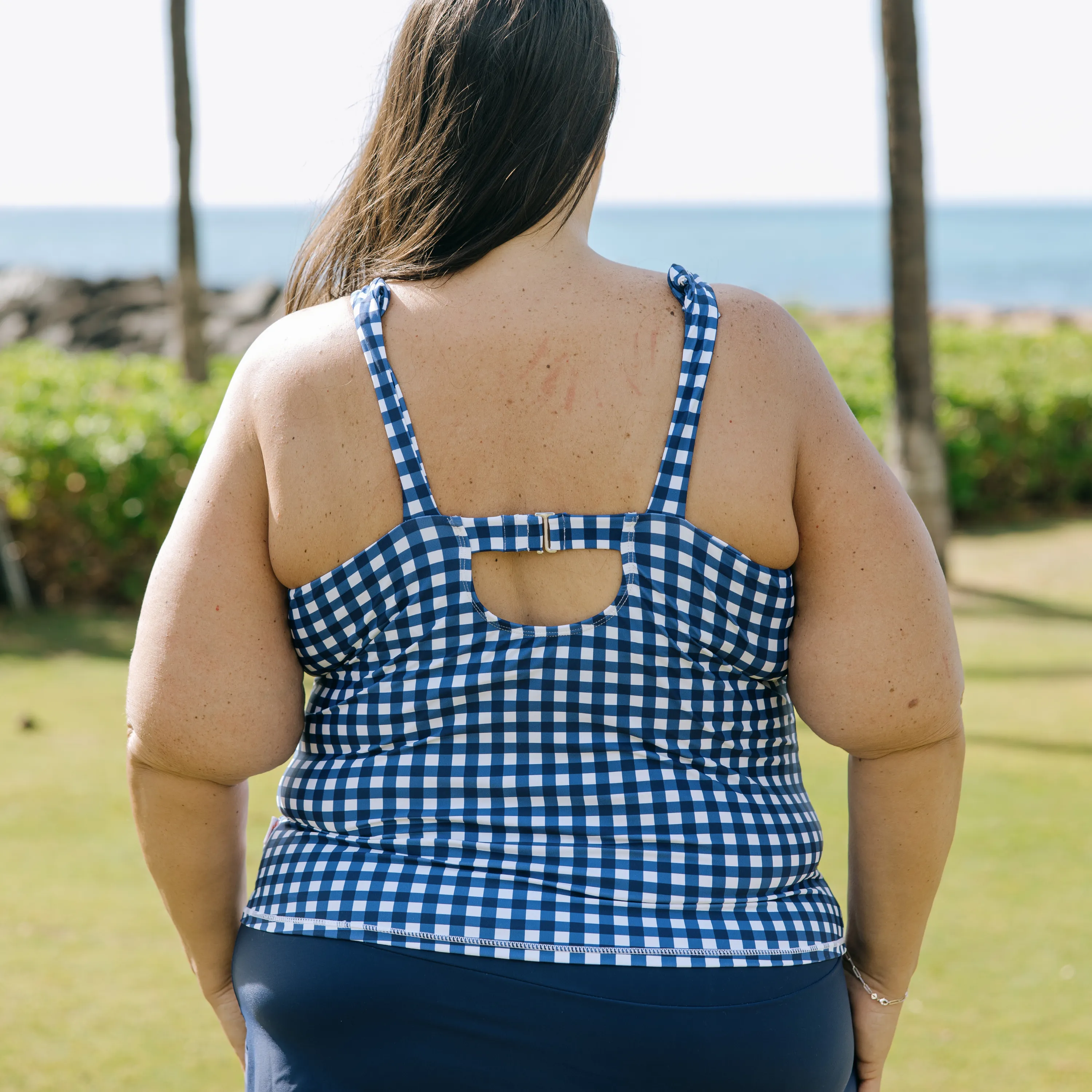 Women’s High Neck Fitted Tankini Top | “Navy Gingham”