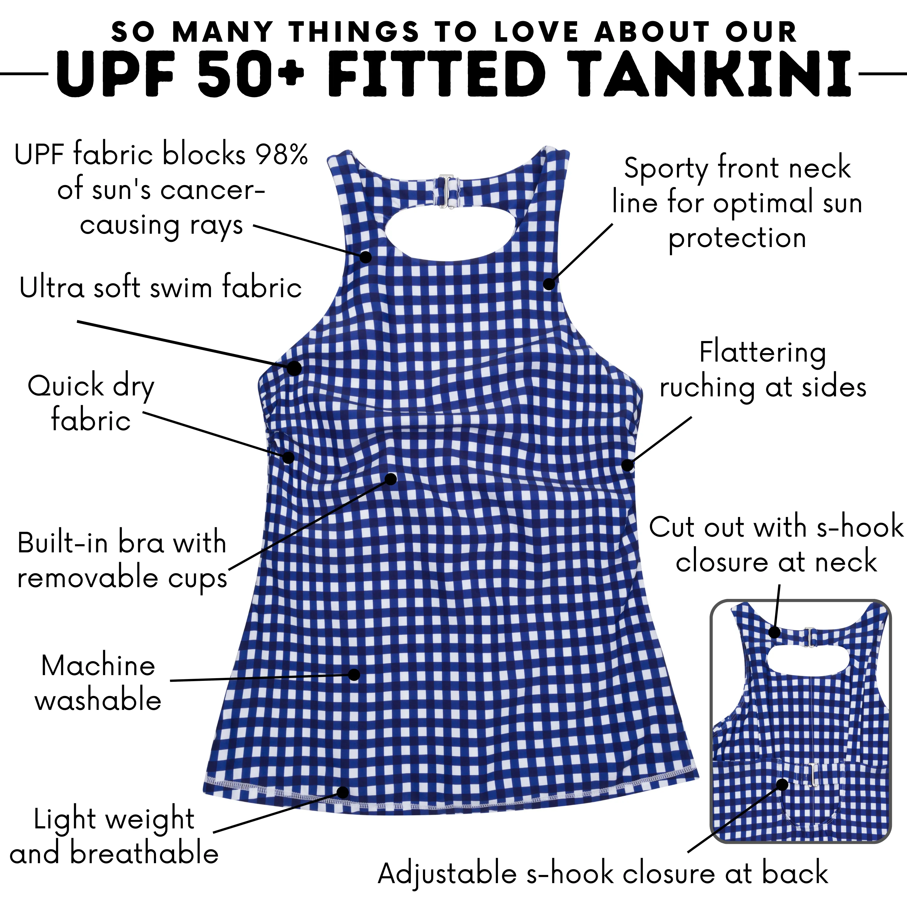 Women’s High Neck Fitted Tankini Top | “Navy Gingham”