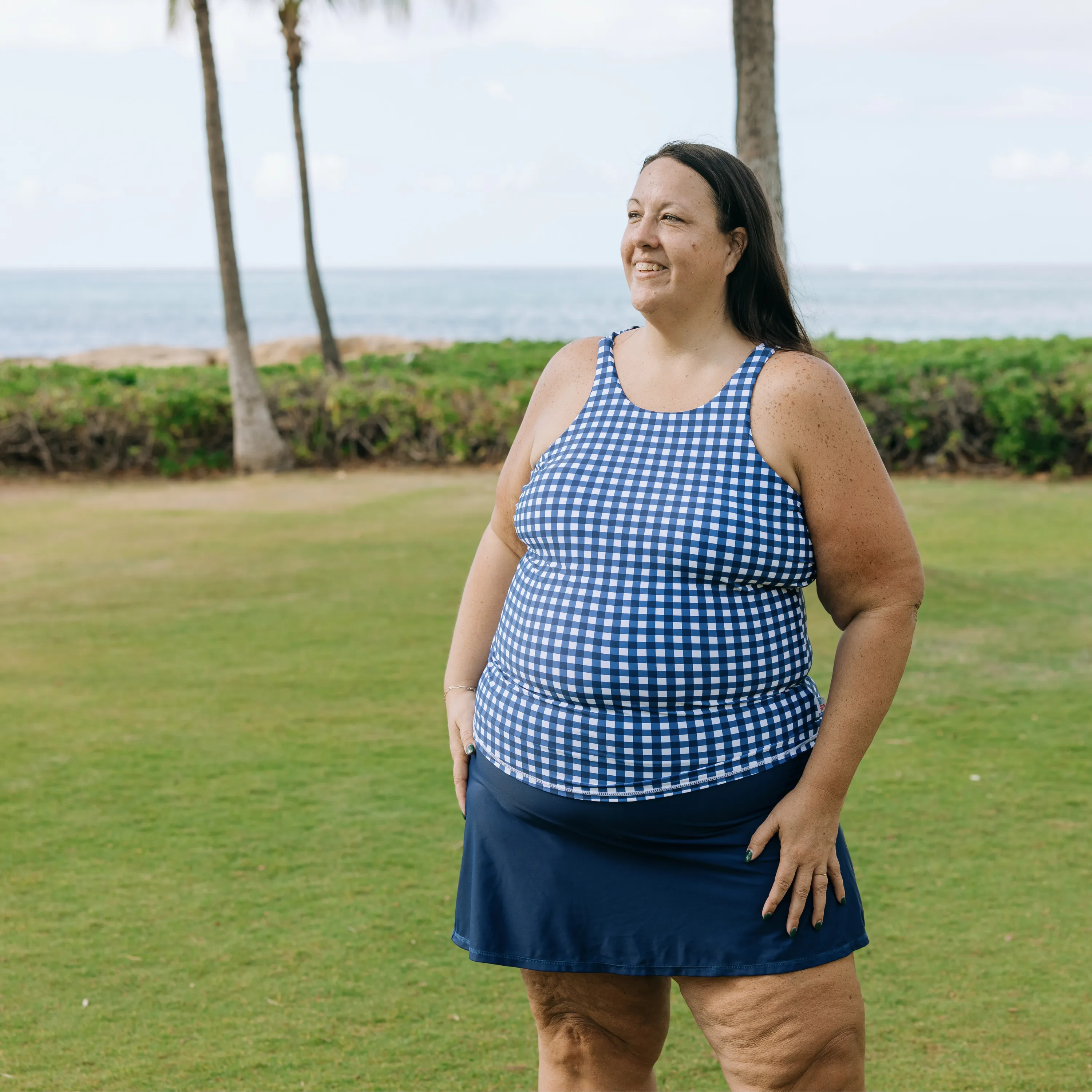 Women’s High Neck Fitted Tankini Top | “Navy Gingham”