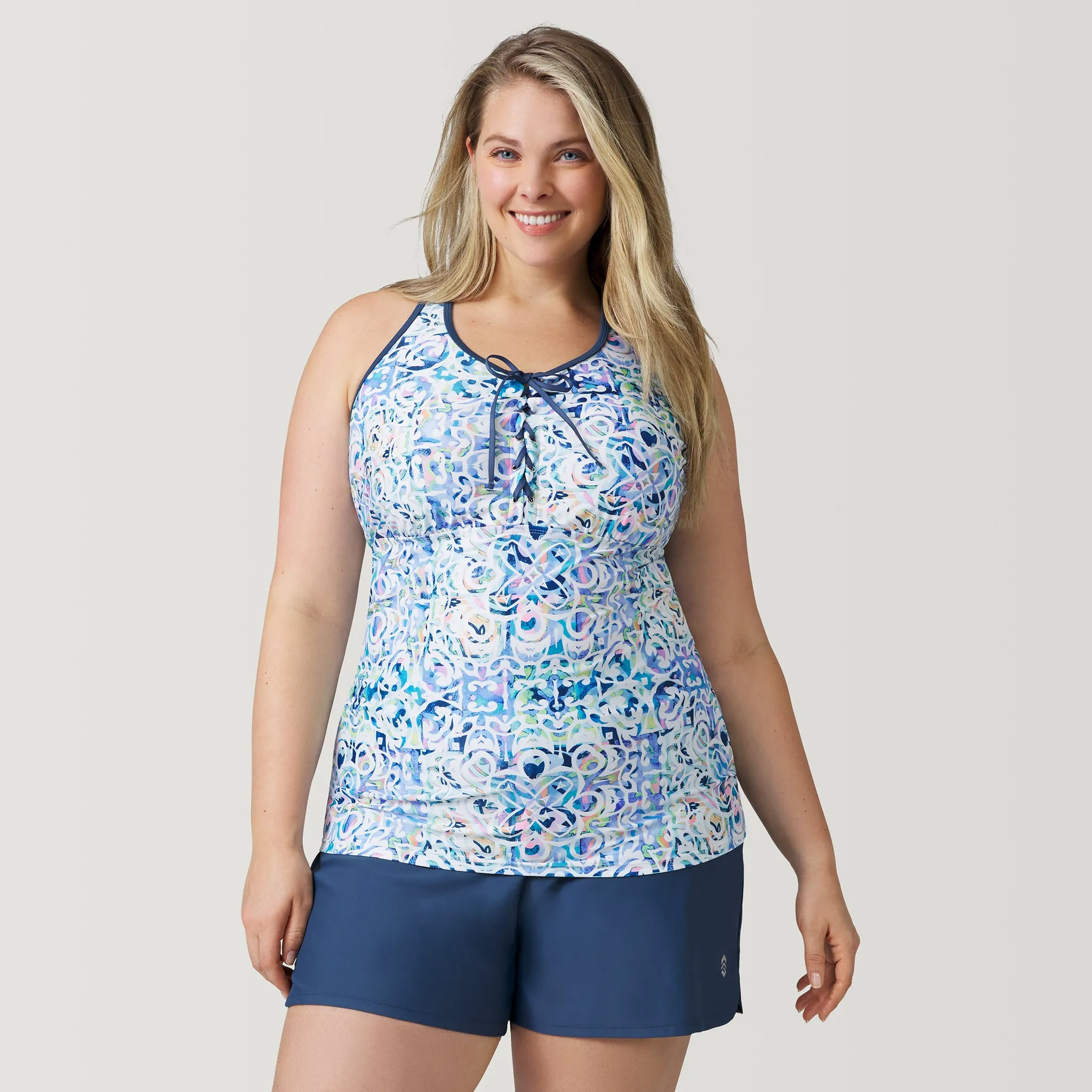 Women's Plus Size Mosaic Mirage Lace Up Racerback Tankini Top