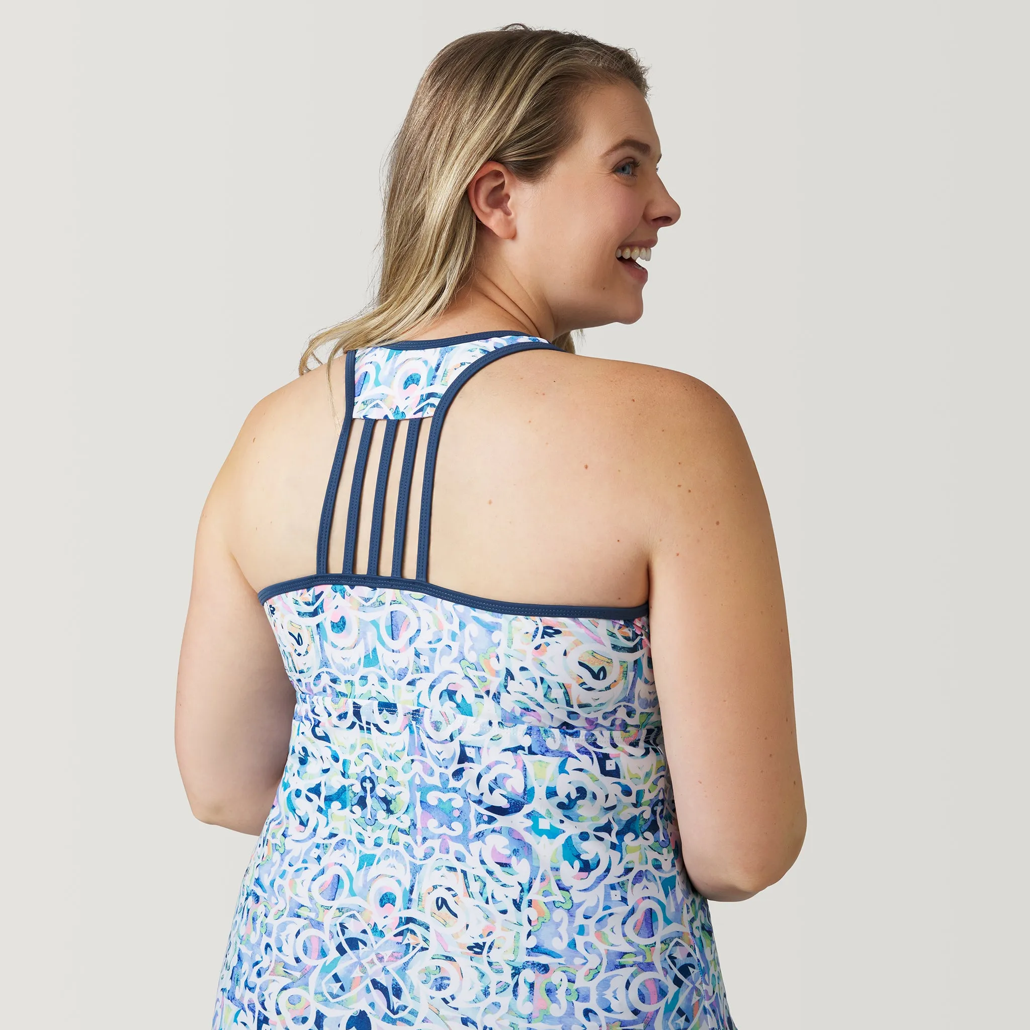 Women's Plus Size Mosaic Mirage Lace Up Racerback Tankini Top