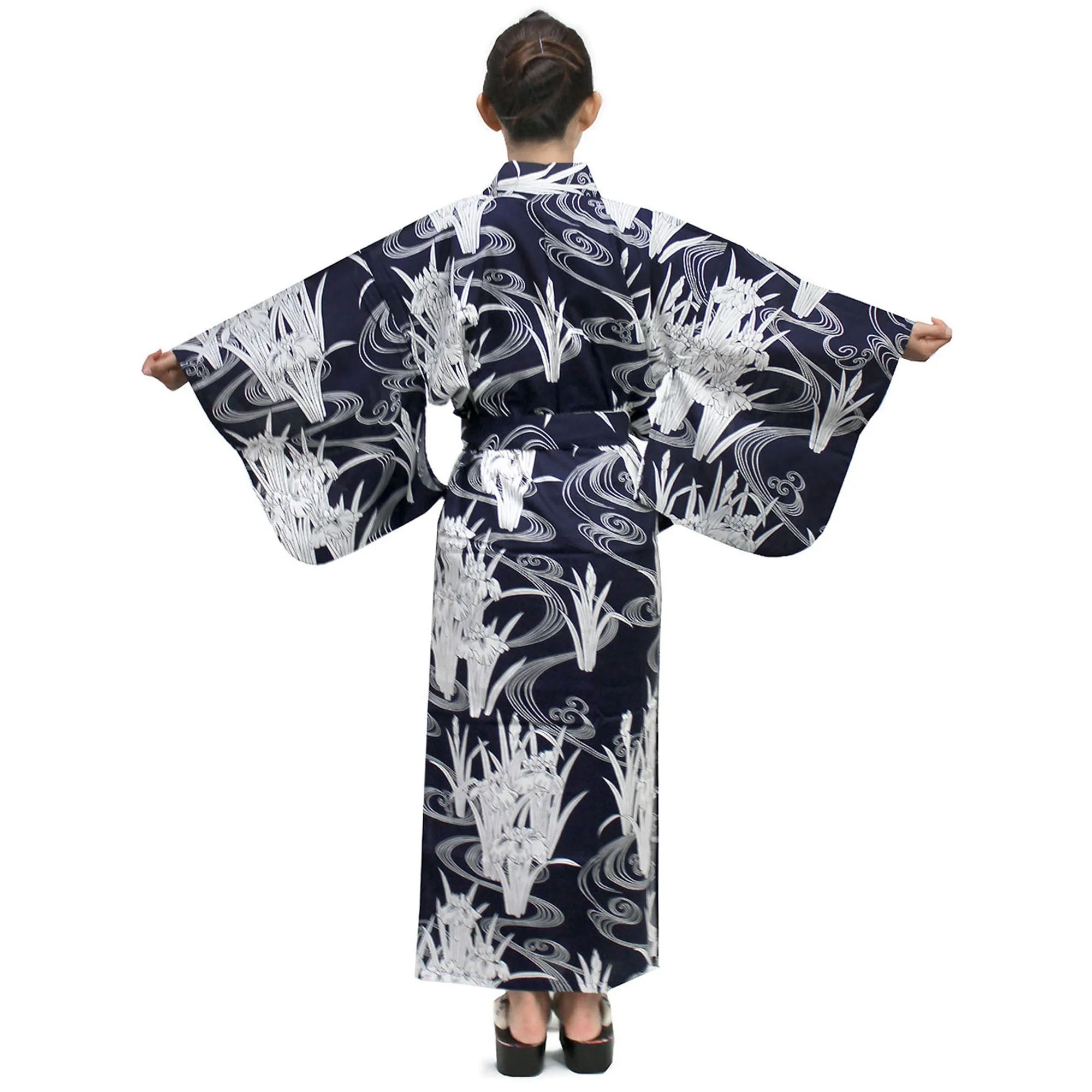 Women's Yukata Robe Japanese Summer Kimono - Iris & Flowing Water Navy
