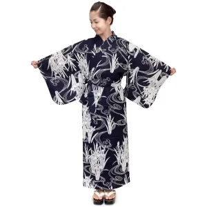Women's Yukata Robe Japanese Summer Kimono - Iris & Flowing Water Navy