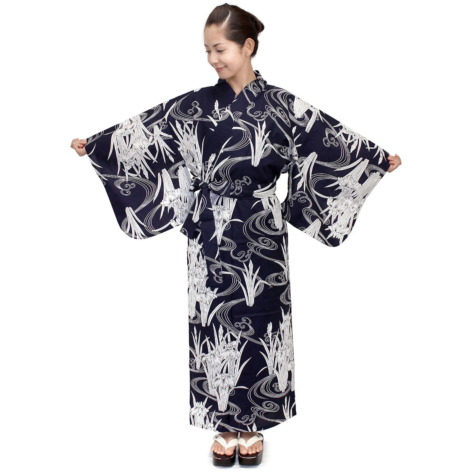 Women's Yukata Robe Japanese Summer Kimono - Iris & Flowing Water Navy