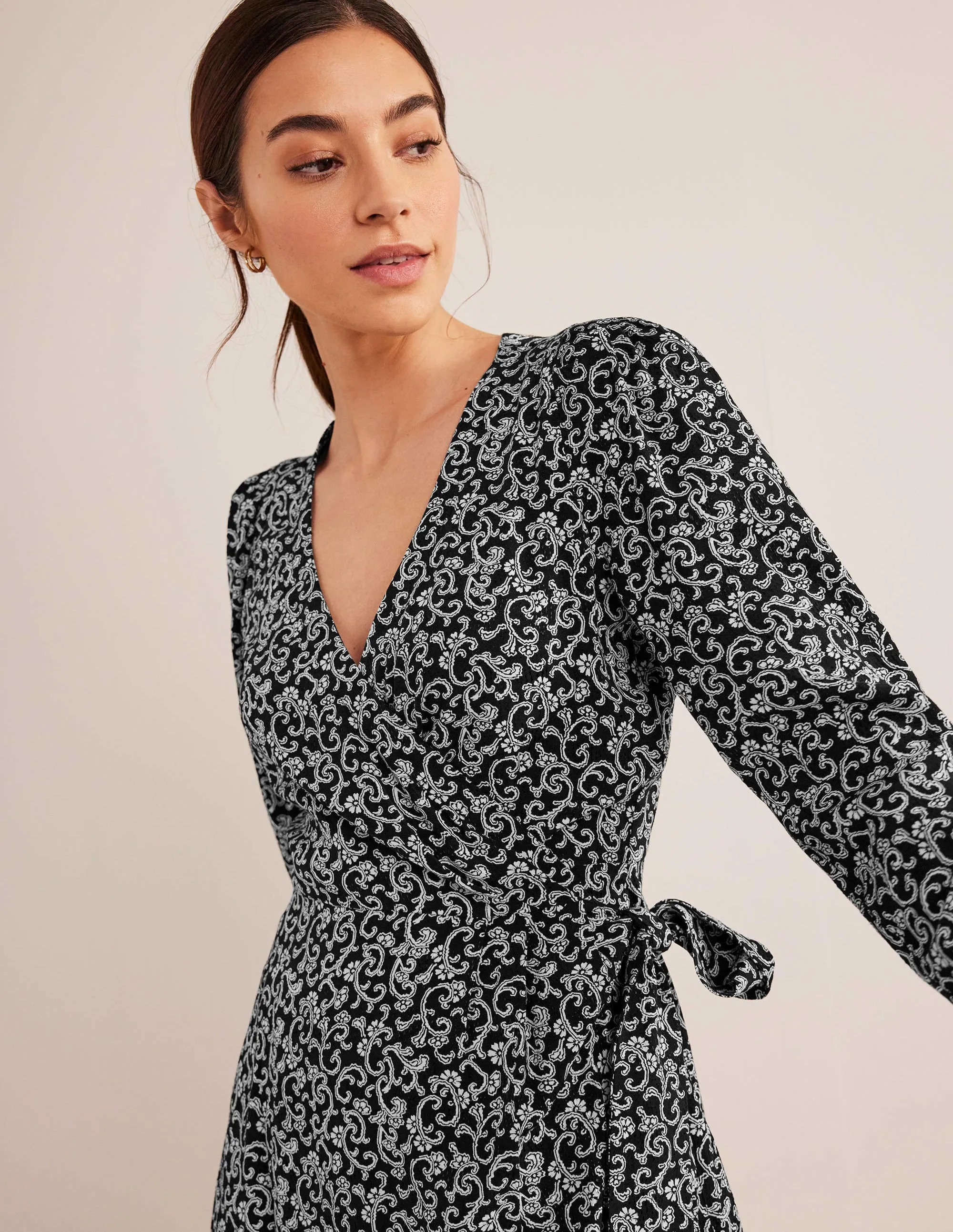 Wrap Detail Mini Dress-Black, Swirl Sprig