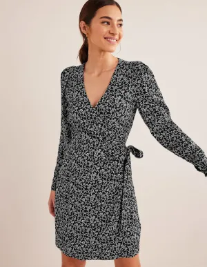 Wrap Detail Mini Dress-Black, Swirl Sprig