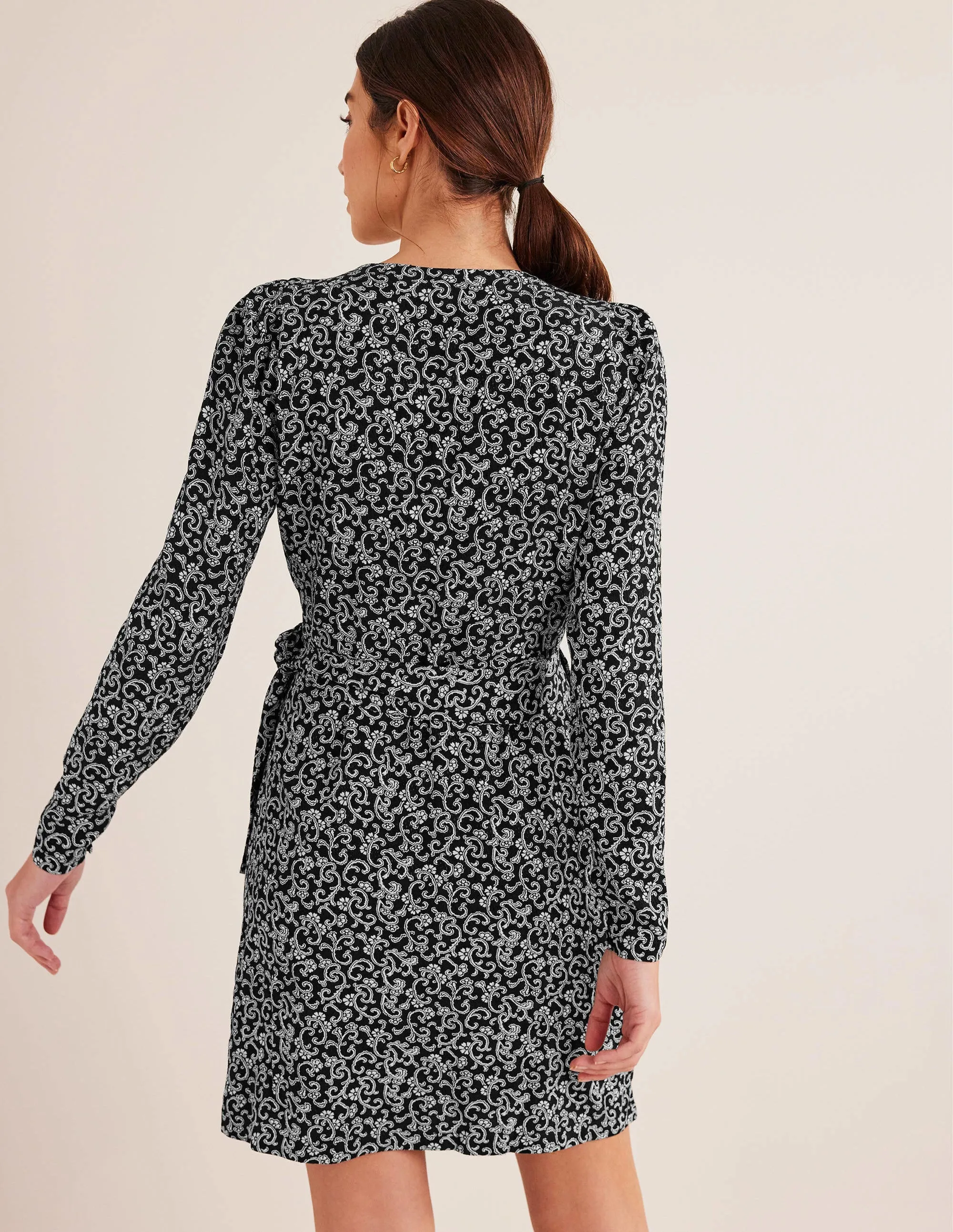 Wrap Detail Mini Dress-Black, Swirl Sprig