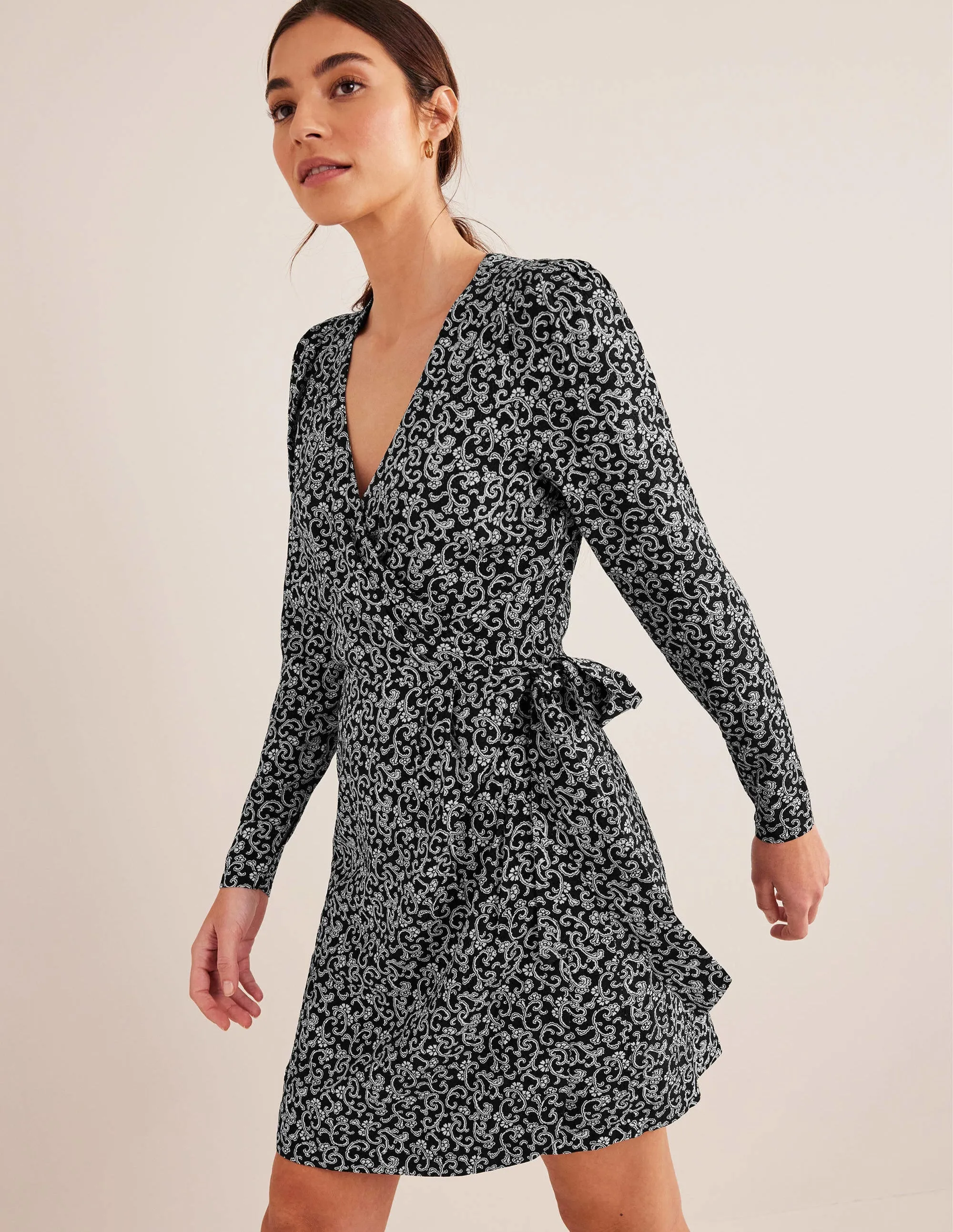 Wrap Detail Mini Dress-Black, Swirl Sprig