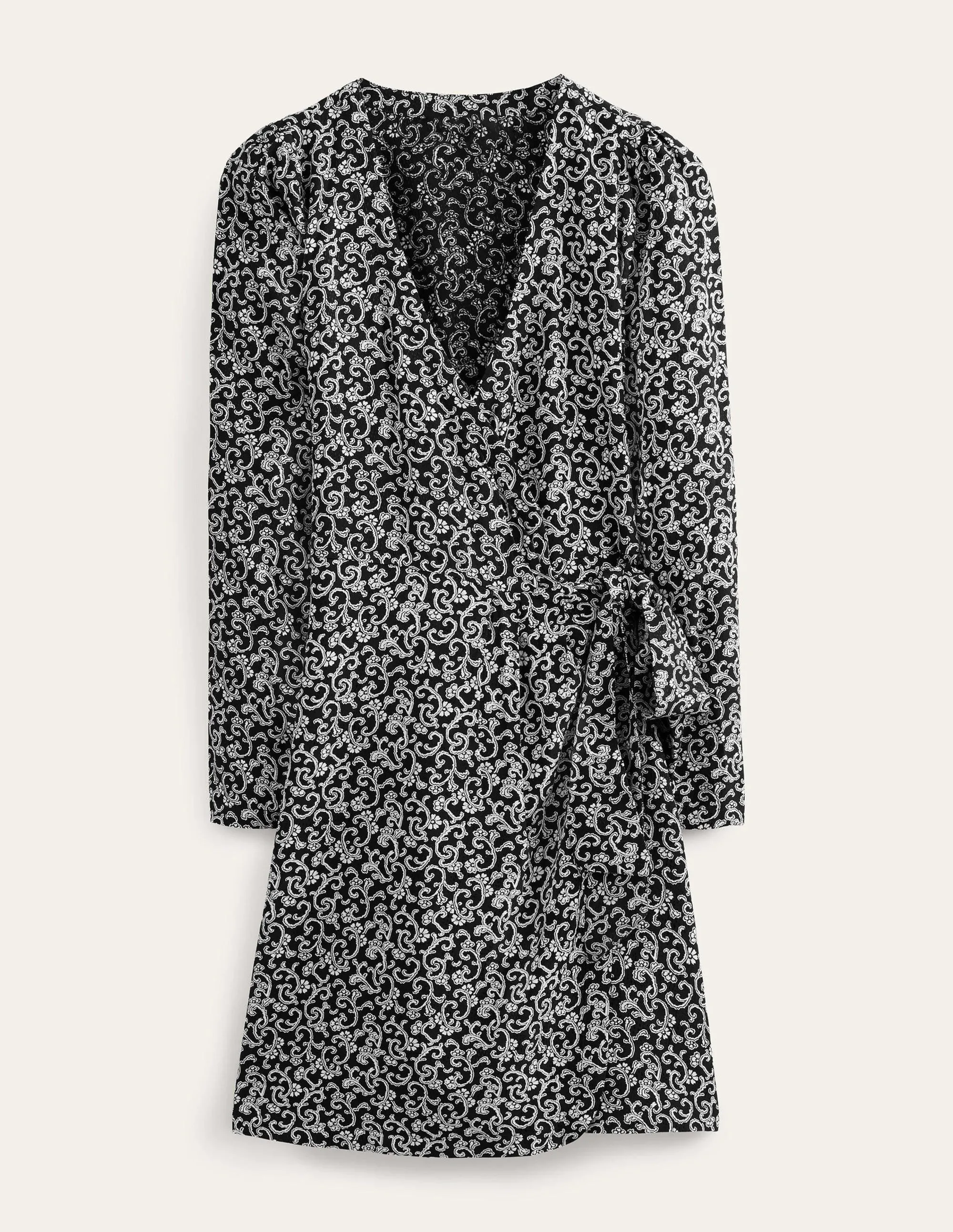 Wrap Detail Mini Dress-Black, Swirl Sprig
