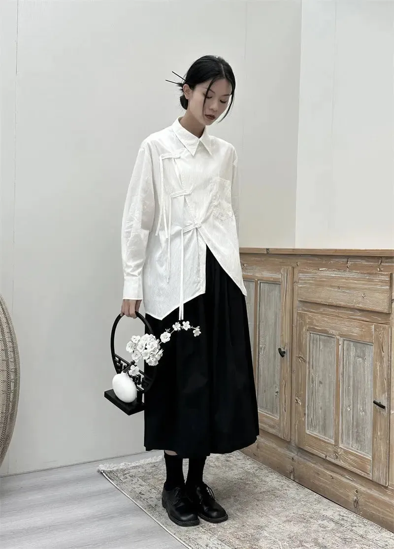 Y2K Split Cotton Blouse for Women with Long Sleeves